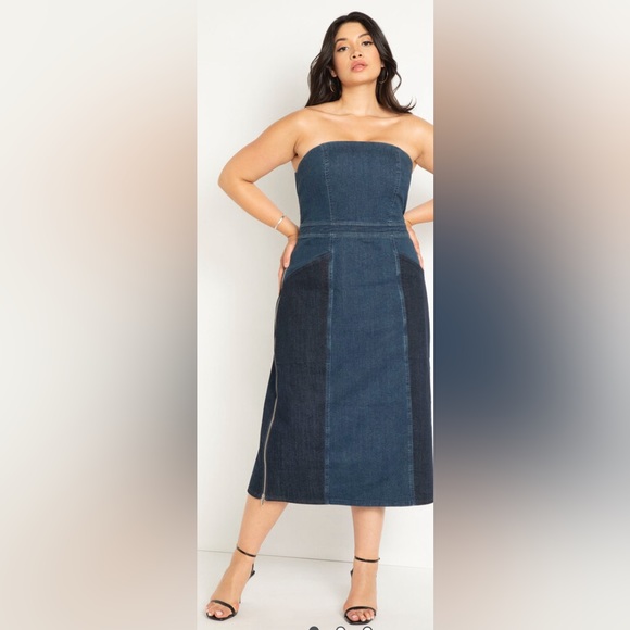 Eloquii Strapless Denim patchwork w/zipper splits Dress sz 24/26 - Picture 2 of 3